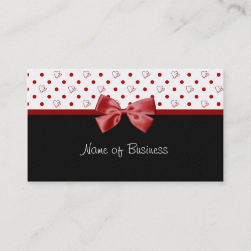 Girly Hearts and Polka Dots Red Ribbon Business Card Templates