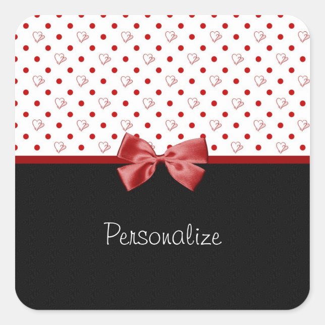 Girly Hearts and Polka Dots With Name Square Sticker (Front)