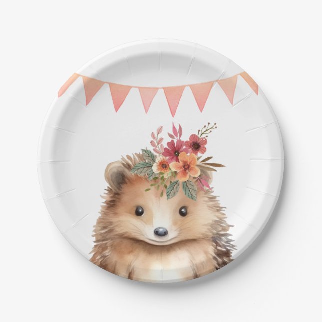 Girly hedgehog, kids birthday  paper plates (Front)