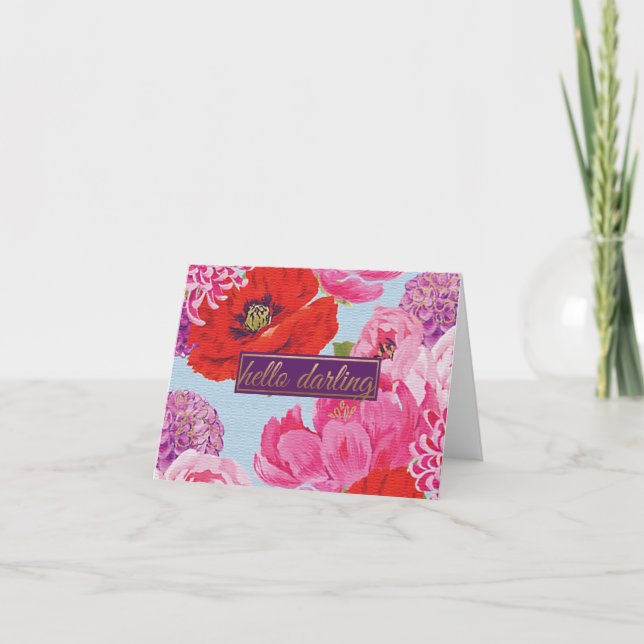 Girly Hello Darling Floral Note Card (Front)
