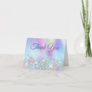 Girly Holo Glitter Aqua Purple Iridescent Letterpress Thank You Card