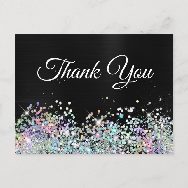 Girly Holo Glitter Black Foil Thank You Postcard (Front)