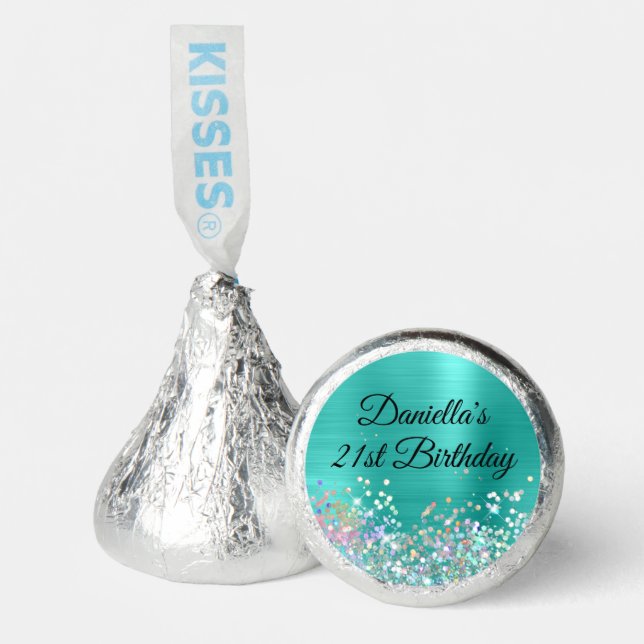 Girly Holo Glitter Turquoise Foil 21st Birthday Hershey®'s Kisses® (Front)