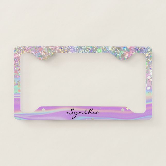 girly holograph GLITTER modern license plate frame (Front)