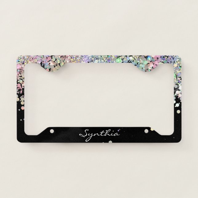 girly holograph GLITTER modern license plate frame (Front)