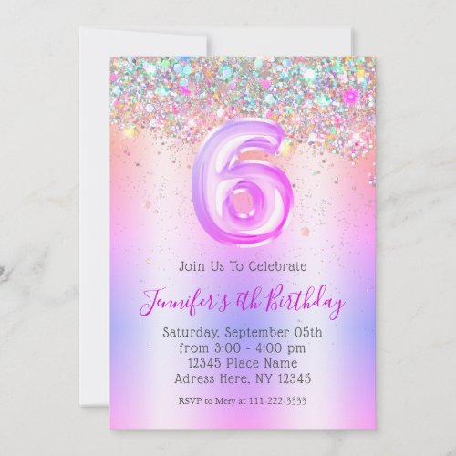 Girly Holographic Glitter 6th Purple Birthday  Invitation