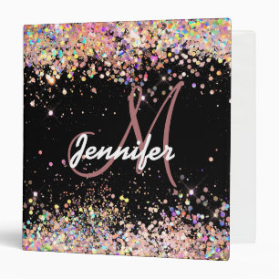 Girly Holographic Glitter Monogram Name Black 3 Ring Binder