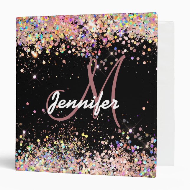 Girly Holographic Glitter Monogram Name Black 3 Ring Binder (Front/Inside)
