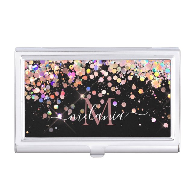 Girly Holographic Glitter Monogram Name Black  Business Card Case (Front)