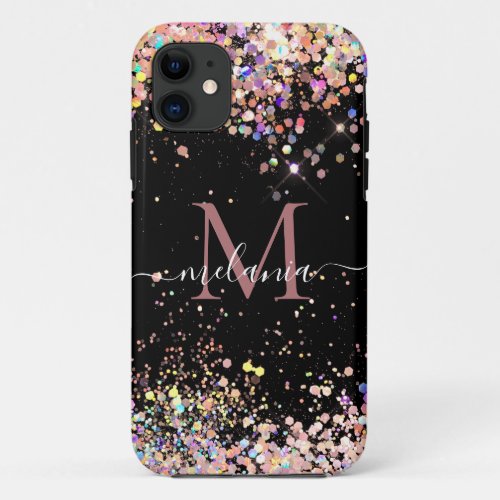 Girly Holographic Glitter Monogram Name Black iPhone 11 Case