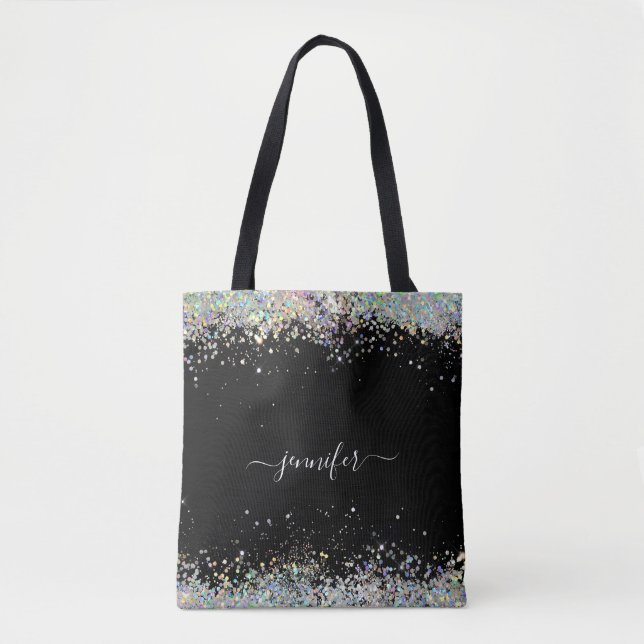 Girly Holographic Glitter Monogram Name Black Tote Bag (Front)