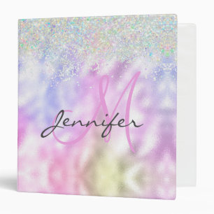 Girly Holographic Glitter Monogram Name Pink 3 Ring Binder
