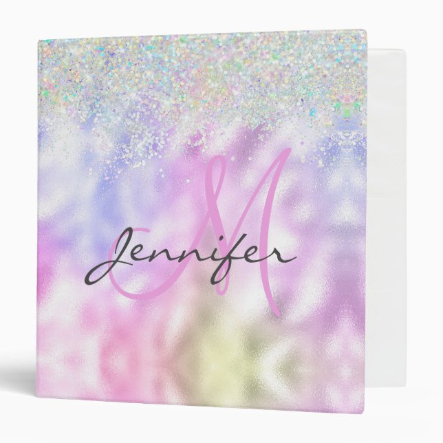 Girly Holographic Glitter Monogram Name Pink 3 Ring Binder (Front/Inside)