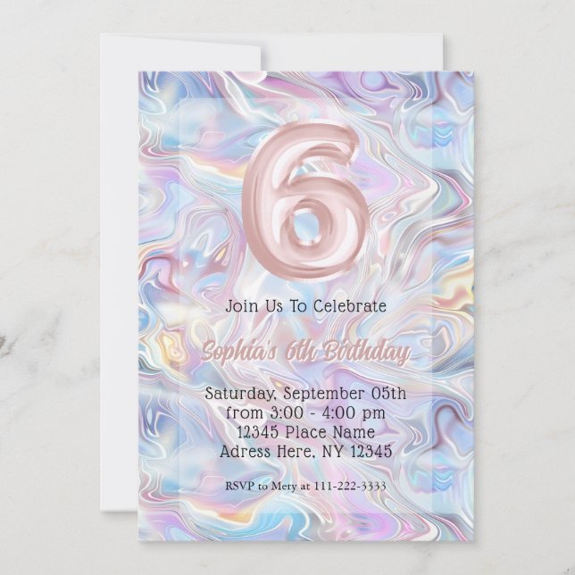 Girly Holographic Marble Swirl 6th Birthday  Invitation (Front)