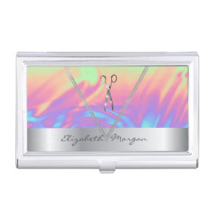 Girly Holographic,Silver Geometric Scissors Business Card Case