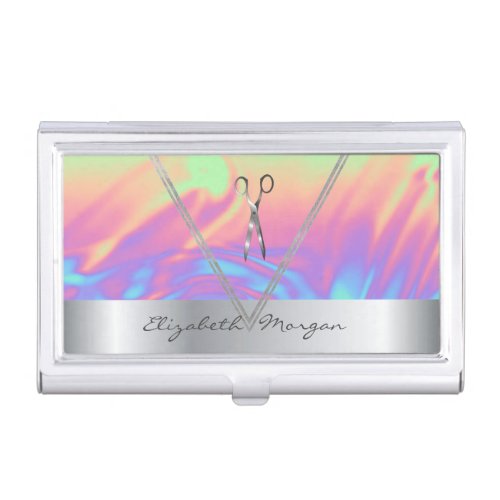 Girly HolographicSilver Geometric Scissors Business Card Case