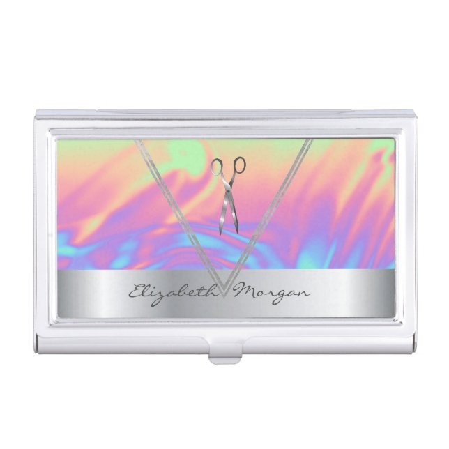 Girly Holographic,Silver Geometric Scissors Business Card Case (Front)