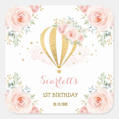Girly Hot Air Balloon Blush Pink Floral Birthday Square Sticker