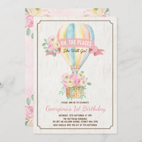 Girly Hot Air Balloon Pink Floral Girl Birthday Invitation