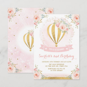 Girly Hot Air Balloon Pink Gold Floral Birthday Invitation