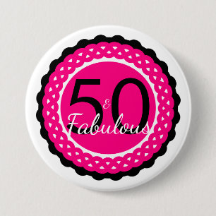Girly Hot Pink and Black 50 & Fabulous Birthday Pinback Button