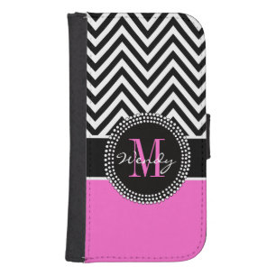 Girly Hot Pink and Black Chevron Monogram Galaxy S4 Wallet Case