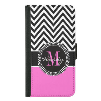 Girly Hot Pink and Black Chevron Monogram Wallet Phone Case For Samsung Galaxy S5