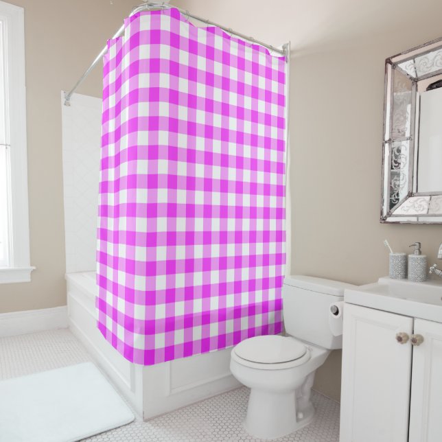 Girly Hot Pink and White Buffalo Plaid Shower Curtain (In Situ)