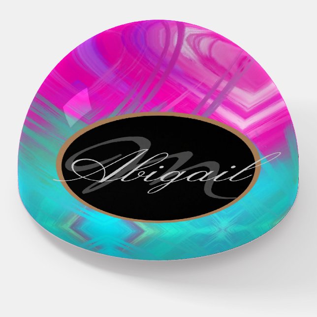 Girly Hot Pink Aqua Blue Green Ombre Ikat Monogram Paperweight (Angled)