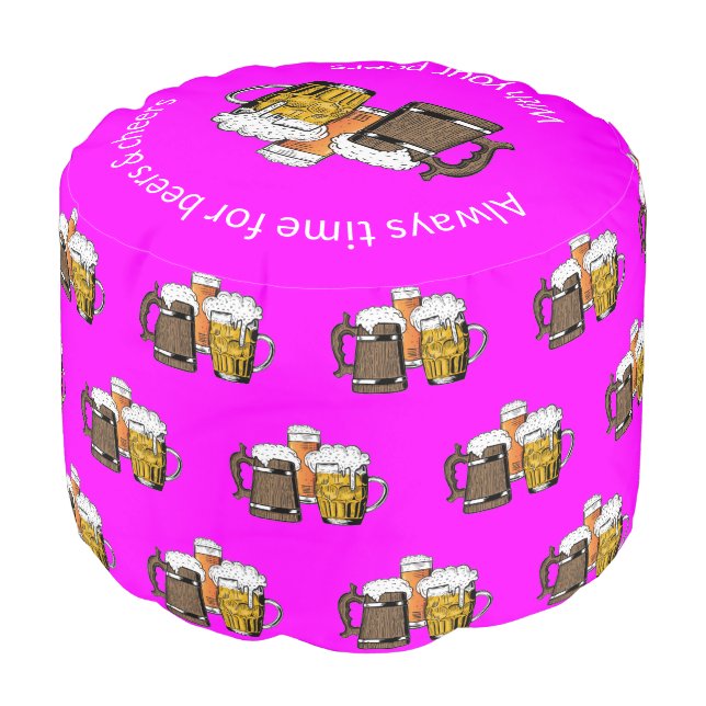 Girly Hot Pink BEERS AND CHEERS Pouf (Angled Front)