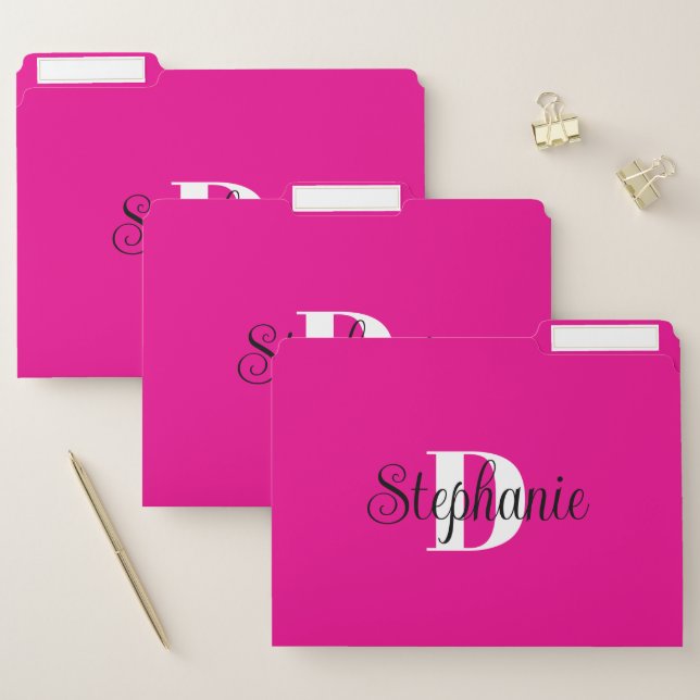 Girly Hot Pink Black and White Modern Monogram File Folder (Set)