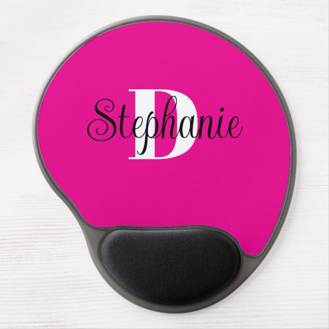 Girly Hot Pink Black and White Modern Monogram Gel Mouse Pad (Front)