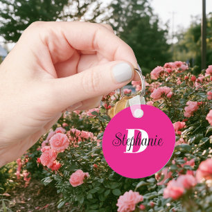 Girly Hot Pink Black and White Modern Monogram Keychain