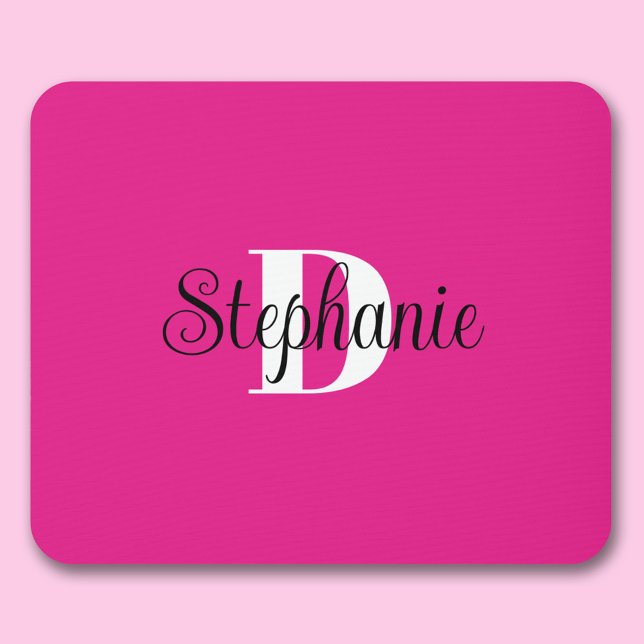 Girly Hot Pink Black and White Modern Monogram Mouse Pad (Hot Pink Personalized Monogram Mouse Pad
)