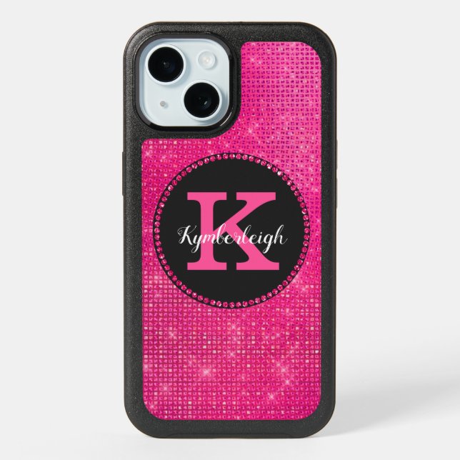 Girly Hot Pink Black Glam Diamond Monogram Name iPhone 15 Case (Back)