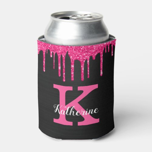 Girly Hot Pink Black Glitter Drips Monogram Name Can Cooler
