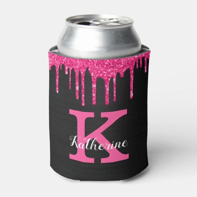 Girly Hot Pink Black Glitter Drips Monogram Name Can Cooler (Can Front)