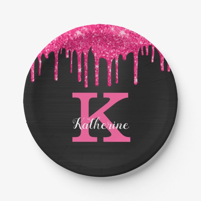 Girly Hot Pink Black Glitter Drips Monogram Name Paper Plates (Front)