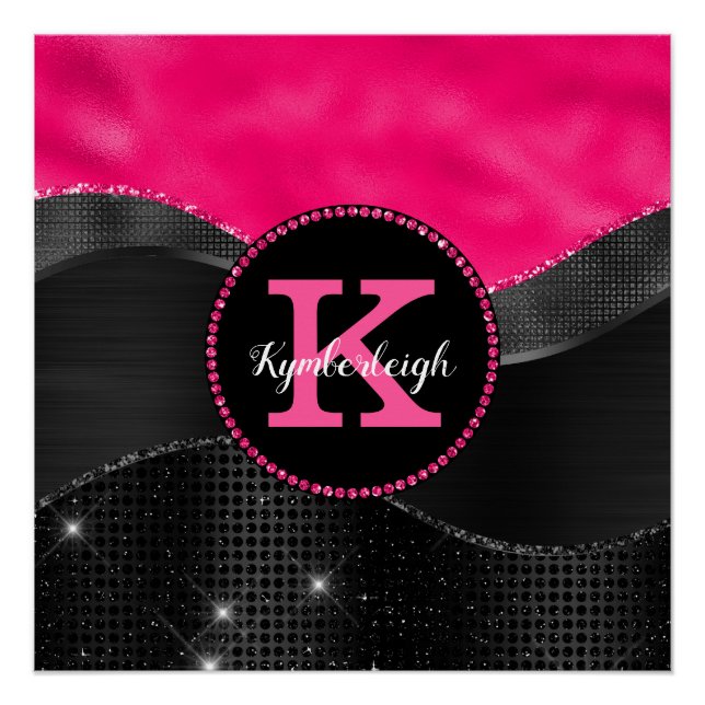 Girly Hot Pink Black Gray Waves Glam Monogram Name Poster (Front)