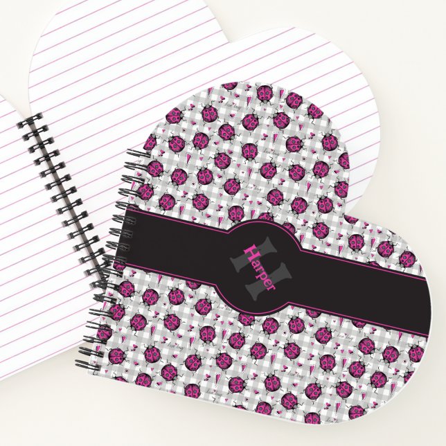 Girly Hot Pink & Black Ladybugs Gray Gingham Heart Notebook (Cute Hot Pink Ladybug Heart Shaped Notebook with Name & Monogram for Her. Gingham Gray Background. )