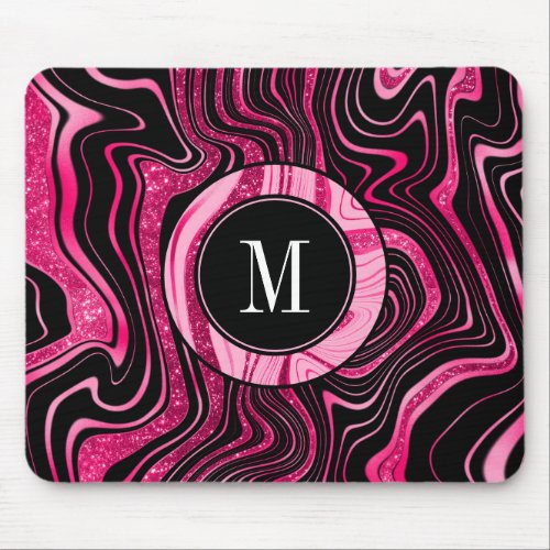 Girly Hot Pink Black Marble Glam Glitter Monogram Mouse Pad
