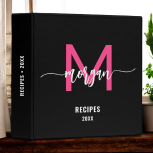 Girly Hot Pink Black Monogram Recipe Book 3 Ring Binder