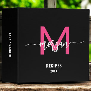 Girly Hot Pink Black Monogram Recipe Book 3 Ring Binder