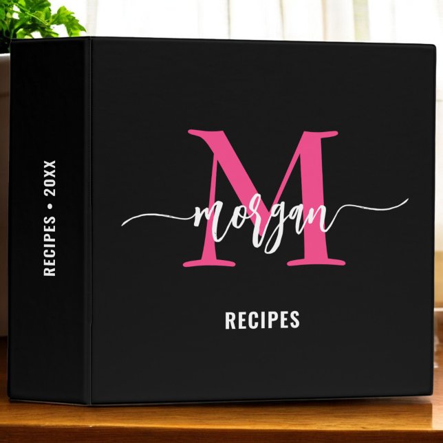 Girly Hot Pink Black Monogram Recipe Book 3 Ring Binder (Creator Uploaded)