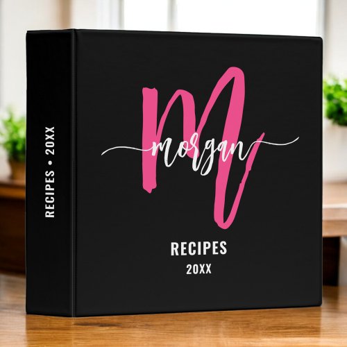 Girly Hot Pink Black Monogram Recipe Book 3 Ring Binder