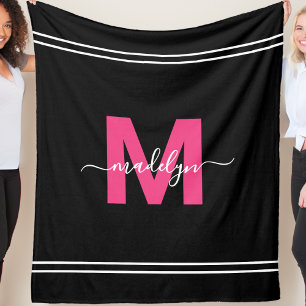 Girly Hot Pink Black Script Name Monogram Fleece Blanket