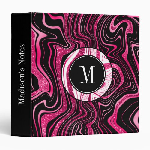 Girly Hot Pink Black White Marble Glitter Monogram 3 Ring Binder