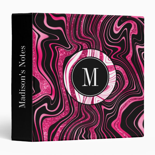 Girly Hot Pink Black White Marble Glitter Monogram 3 Ring Binder (Front/Spine)