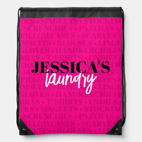 Girly Hot Pink Black Your Name Laundry Drawstring Bag