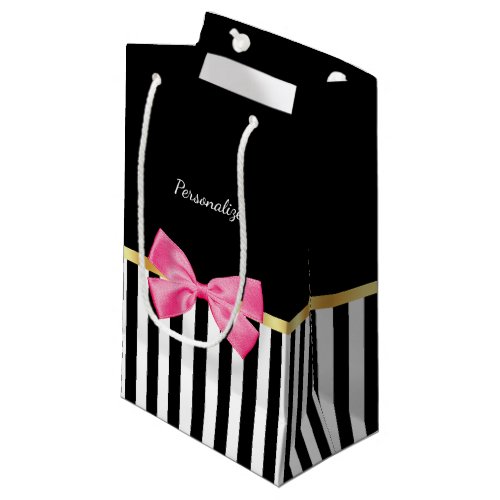 Girly Hot Pink Bow Black White Stripes With Name Small Gift Bag